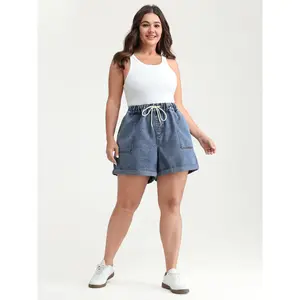 BLOOMCHIC Women's Plus Size Stretchy Straight-Leg Denim Bottom Shorts, Light Cotton-Polyester Fabric, M-6X Sizes, Snug Fit, 2026 Summer Turn-Up Pick with Pockets for Mothers Blue Womenswear 2026 Summer Vibes Swimweek