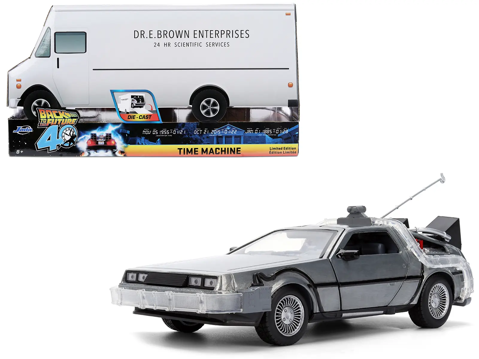 DeLorean Brushed Metal Time Machine with Lights "Back to the Future" (1985) Movie 1/24 Diecast Model Car by Jada