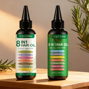 8-in-1 White Hair Oil + 8-in-1 Green Plant Essence Hair Oil. Both contain ingredients such as babassu, rosemary, and castor oil, featuring a lightweight texture that is non-greasy and non-heavy. They nourish hair strands to reveal natural shine.