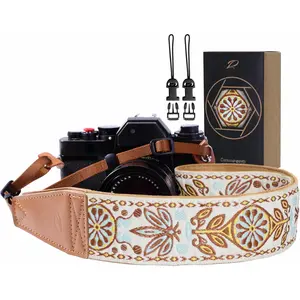 Camera Strap - 2" Full Grain Leather Ends Camera Straps for Photographers,  Embroidered Cotton Weave Soft Suede Fabric Padded Strap Quick Release fits  Cameras