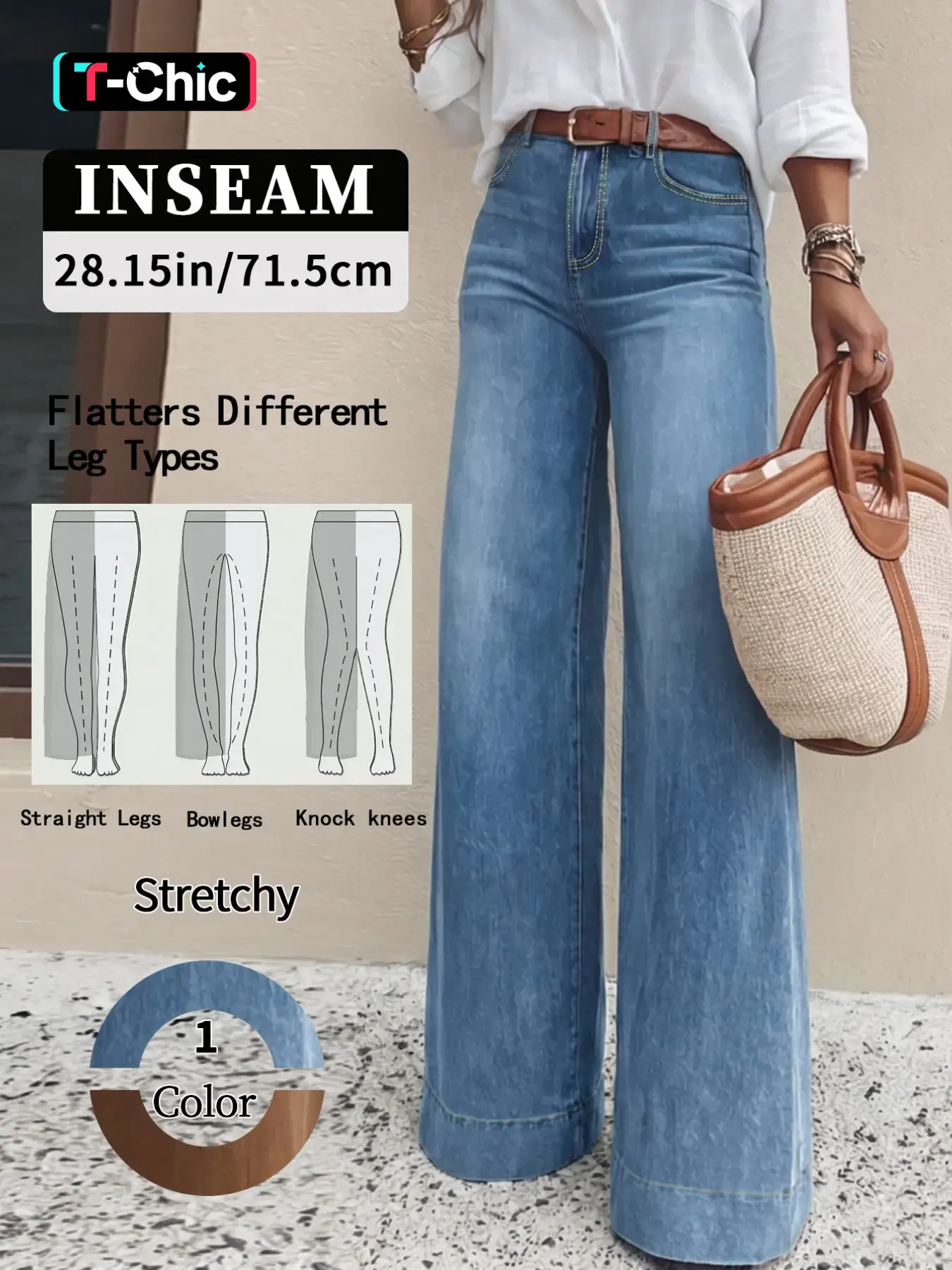 Women's Fashionable Wide-Leg Jeans, Comfortable Elastic Stretchy Hip-Lifting Denim Pants, Casual Chic Style All-Season Trousers