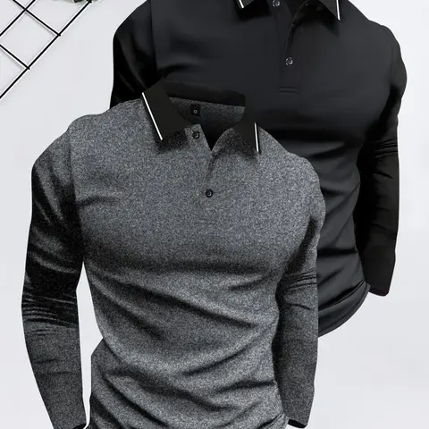 2 Pack Men's Spring & Fall Lightweight Long Sleeve T-Shirt Polo Shirt Fashion Casual Outdoor Menswear Color Block Striped Sports Top, Great Value 2-Pack, Running, Golf, Fishing, Basketball, Camping, Gym, Perfect Gift for Husband, Boyfriend
