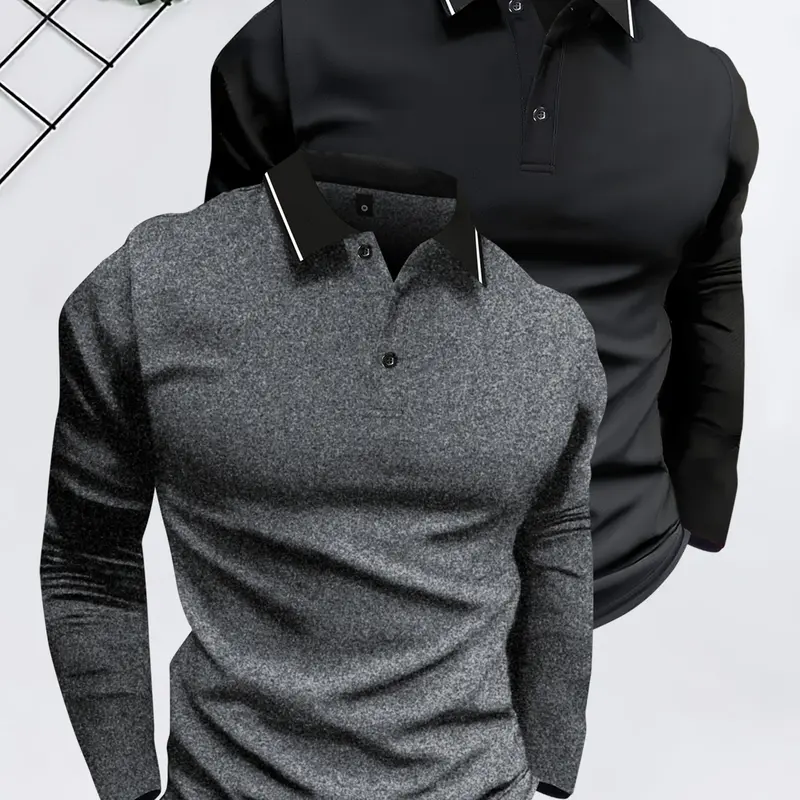 2 Pack Men's Spring & Fall Lightweight Long Sleeve T-Shirt Polo Shirt Fashion Casual Outdoor Menswear Color Block Striped Sports Top, Great Value 2-Pack, Running, Golf, Fishing, Basketball, Camping, Gym, Perfect Gift for Husband, Boyfriend