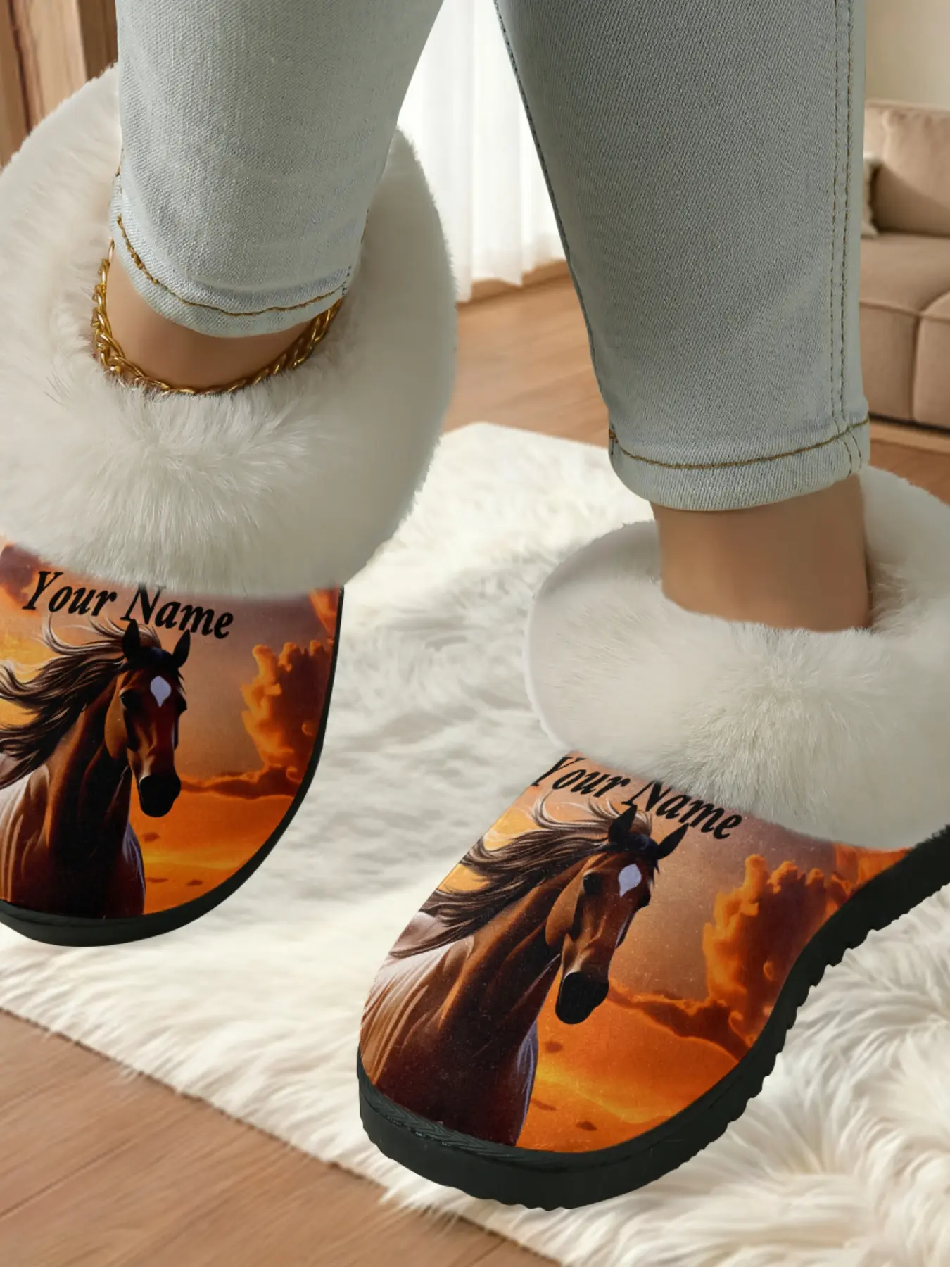 Custom Sunset Horse Cotton Slippers Women, Thick Soled Slippers, Plush Lined Anti-Slip Thick Rubber Sole, Home Custom Healing Shoes for Fall Winter Warmth