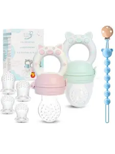 Baby Fruit Feeder Pacifier - BPA-Free Silicone Baby Food Feeder for Self-Feeding - Teething Relief - 4+ Months, 6 Silicone Nipples - 2 Pack Fresh Fruit Pacifier Frozen Teether - Pink & Green