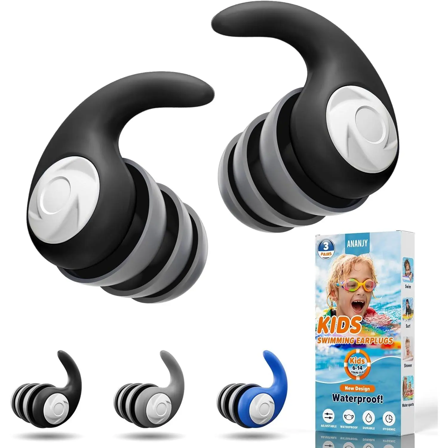 Waterproof Swimming Ear Plugs for Kids - 3 Pairs of Reusable Soft Silicone Swim Earplugs,Ear Protection for Children (4-12 Years Old) - Ideal for Surfing, Diving, Pool, Showering, and Water Sports