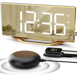 Loud  Clock for Heavy Sleeper, 2 Alarms Big Display Clock with Bed Shaker for Hard of Hearing Deaf,Plug in Bedroom Mirror Clock,Phone Charger,Dimmer,Simple Digital Clock for Senior Adult Teen