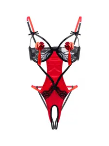 Women's Hollow Out Sexy Slit One-Piece Lingerie Underwear, Sheer Lace Splicing, Breast Petals, for Private Parties & Valentine's Day Gifts clothes for women lenceria sexi mujer