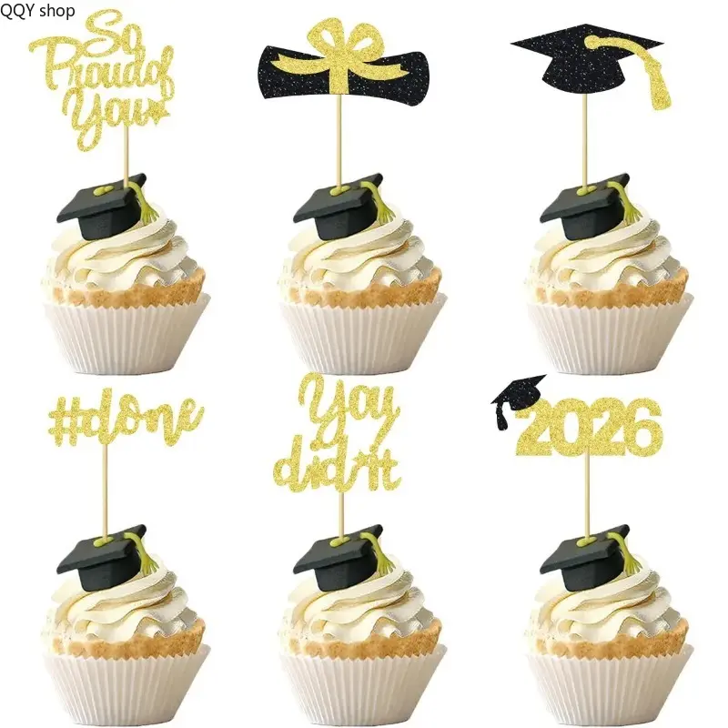 【Summervibes】12/24Pcs Glitter 2026 Graduation Cupcake Toppers, Grad Cap Diploma Cake Picks, So Proud Of You You Did It Glitter Dessert Decor, Sparkly Grad Theme Ornaments for High School College Grad Party DIY Sweet Table Decoration Supplies