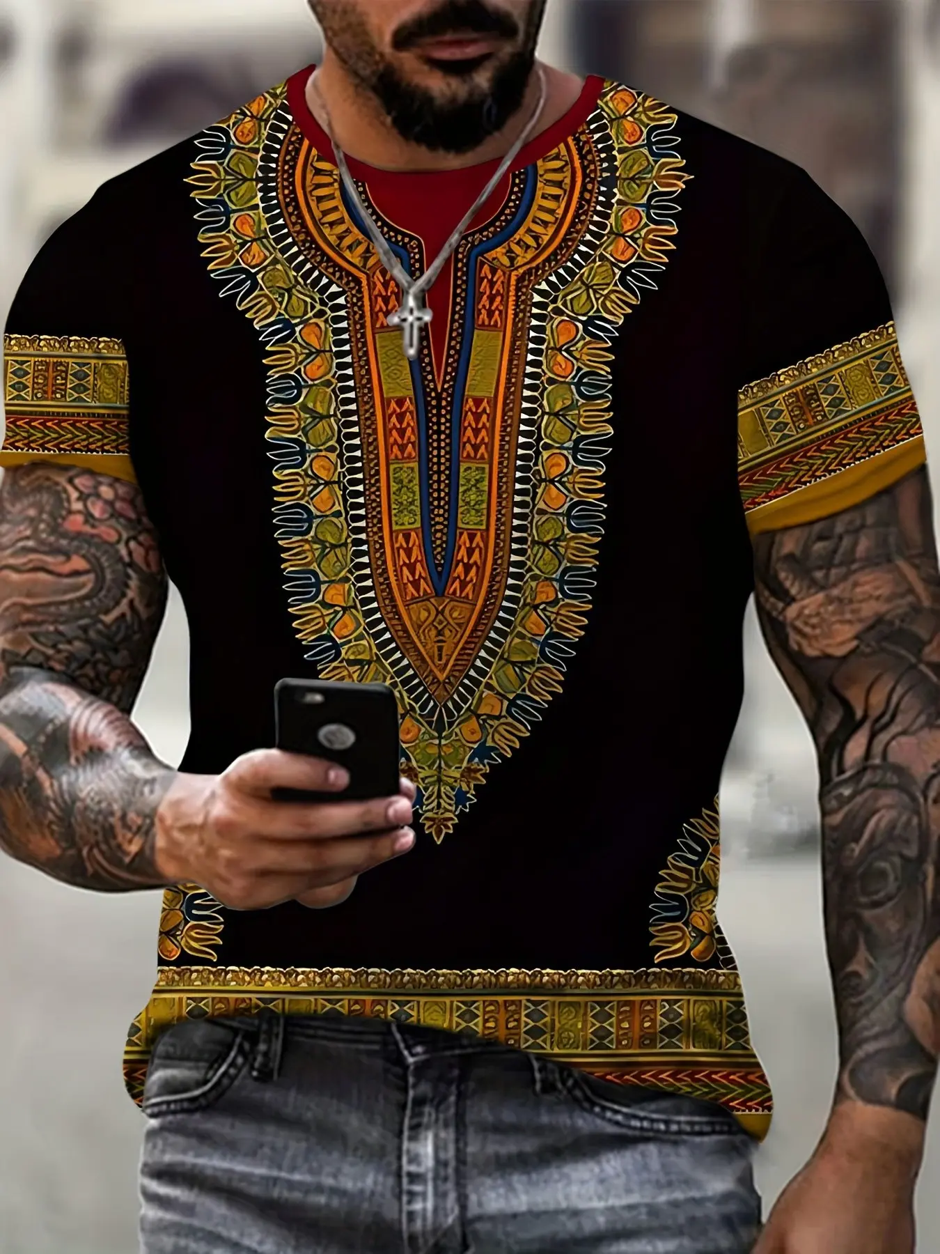 Men's African Cultural Print Short Sleeve Streetwear T-Shirt, Loose Fit Casual Top, Vintage Geometric Pattern, Fitted H-Type, Short Sleeve, No Collar, Casual Fashion Clothing, Menswear