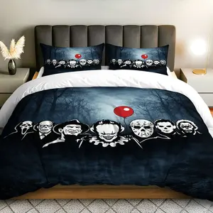 3PCS Duvet Cover Set, 1 Duvet+2 Pillowcases(Without filler), Horror Movie Characters Dark Spooky Red Balloon Halloween theme, Halloween bedding set, Horror Scene Suitable for decoration bedroom living room guest room lounge, Decorative Duvet Cover