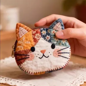 Women's Unique Mini Patchwork Zipper Stylish Wallet Creative Cat Canvas Purse, Cute Kitty Design, Small Handbag for Daily Use, Fashionable and Practical