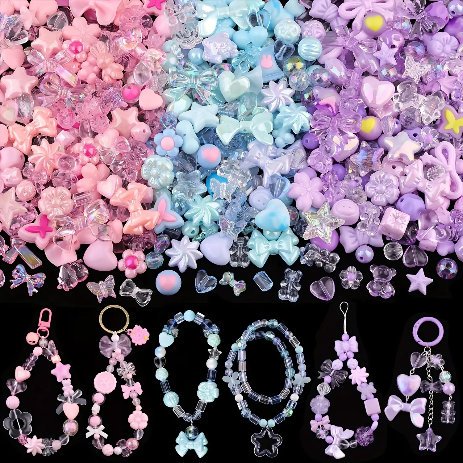 120g/4.23oz 130-180PCS 3 Mixed Colors Assorted Bead Assortment Acrylic Cute Beads For Crafts for Bracelet Making, Beading Making,Bear Bow Flower Butterfly Star Heart Kawaii Charms for Jewelry Making DIY Necklace Keychain Phone Charm, Diy with Charms