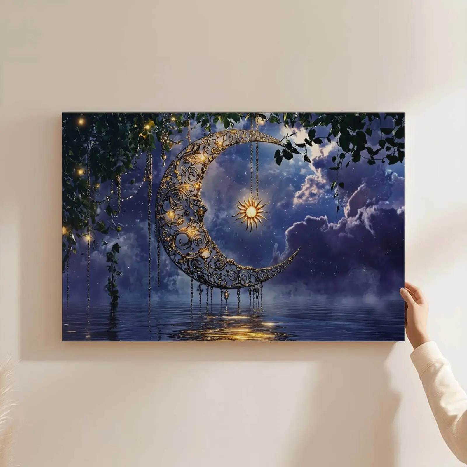 Ideal  Decor Celestial Moon Canvas  Art, Fantasy Landscape Poster, Glowing Moon and Water Prints for Home Decor