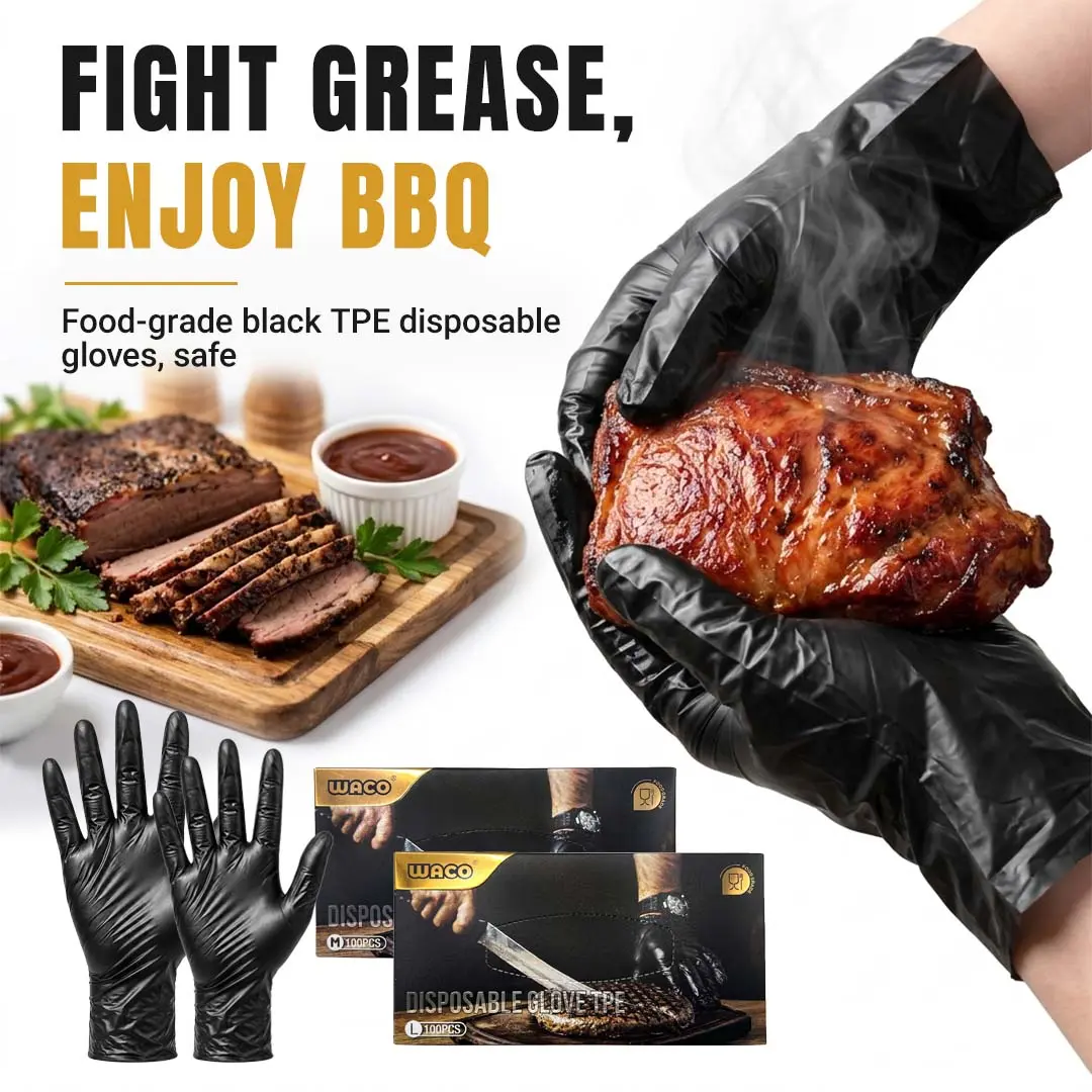 Food Grade Black TPE Latex-Free Disposable Gloves, 100-Count Powder-Free High Elasticity Tear-Proof Gloves for Kitchen Prep, Household Cleaning, Craft Work