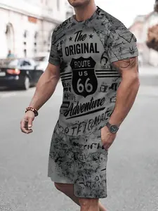 Men's Printed Short Sleeve Fitted T-Shirt and Knee Length Shorts Set, Aesthetics, Casual Sportswear for Summer, Breathable Outdoor Clothing for Adults