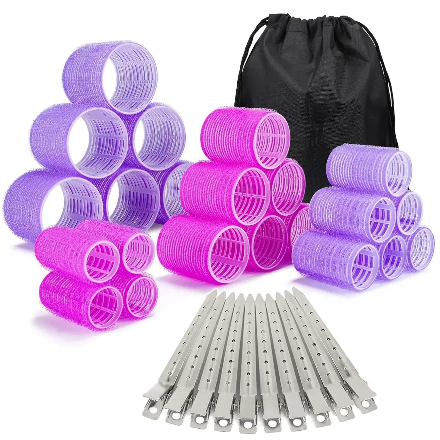 New Deal - 33 Piece Hair Rollers Set Self Grip for Long Medium Short Hair Large Medium Curler 22 Rollers 10 Stainless Steel Clips 1 Storage Bag Heatless Haircare Gift