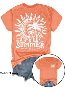 Women's Letter & Tropical Palm Tree Print Round Neck Tee, Casual Short Sleeve Crew Neck T-Shirt for Summer, Fashion Women's Top for Daily Wear
