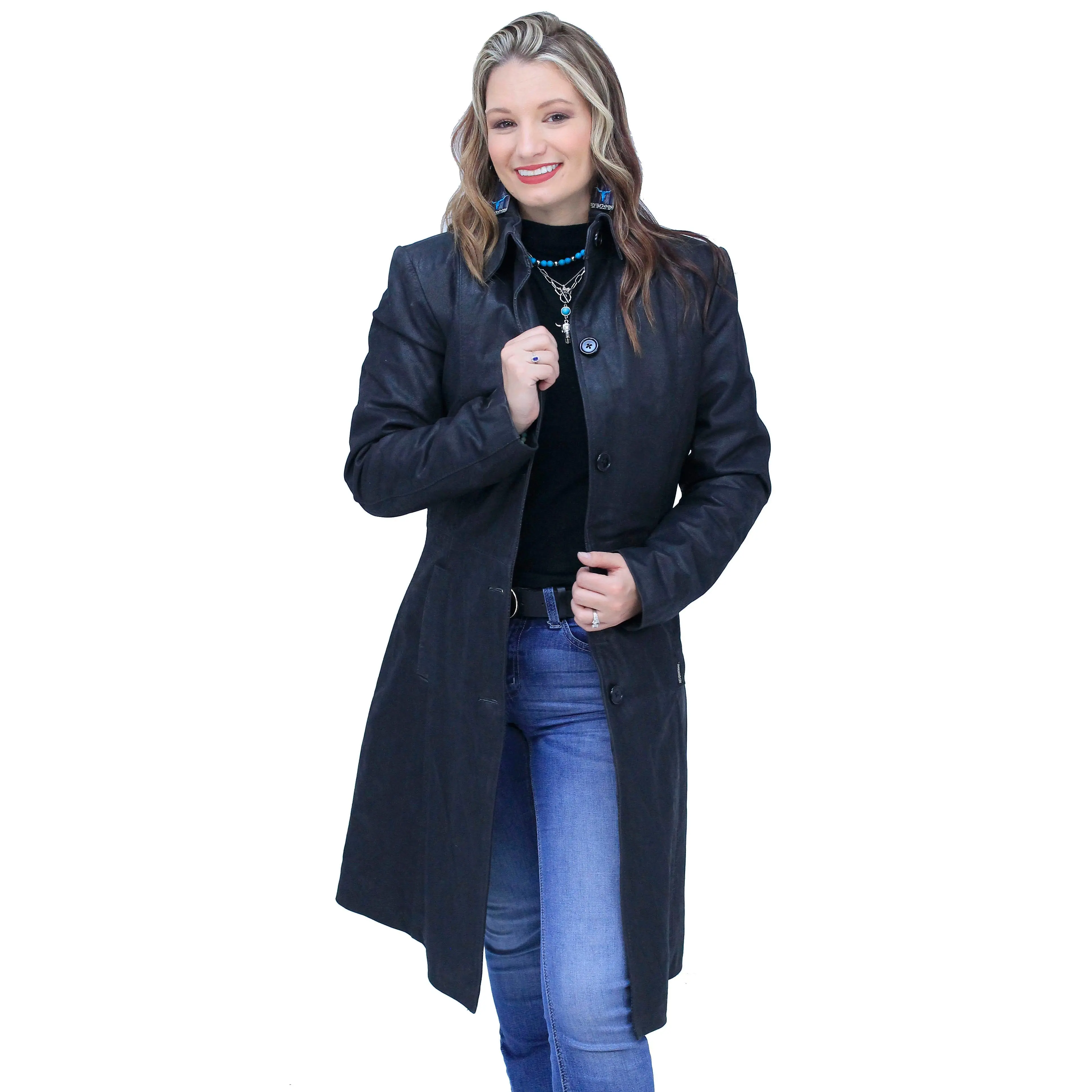 JAMIN LEATHER® Extra Long Button Down Lambskin Leather Coat for Women #L1401398ZK - 41" Long, Split Back, Zip Out Quilted Lining, Two Front Pockets, Dressy Shirt Collar, Black, Sizes S-3X - Jackets