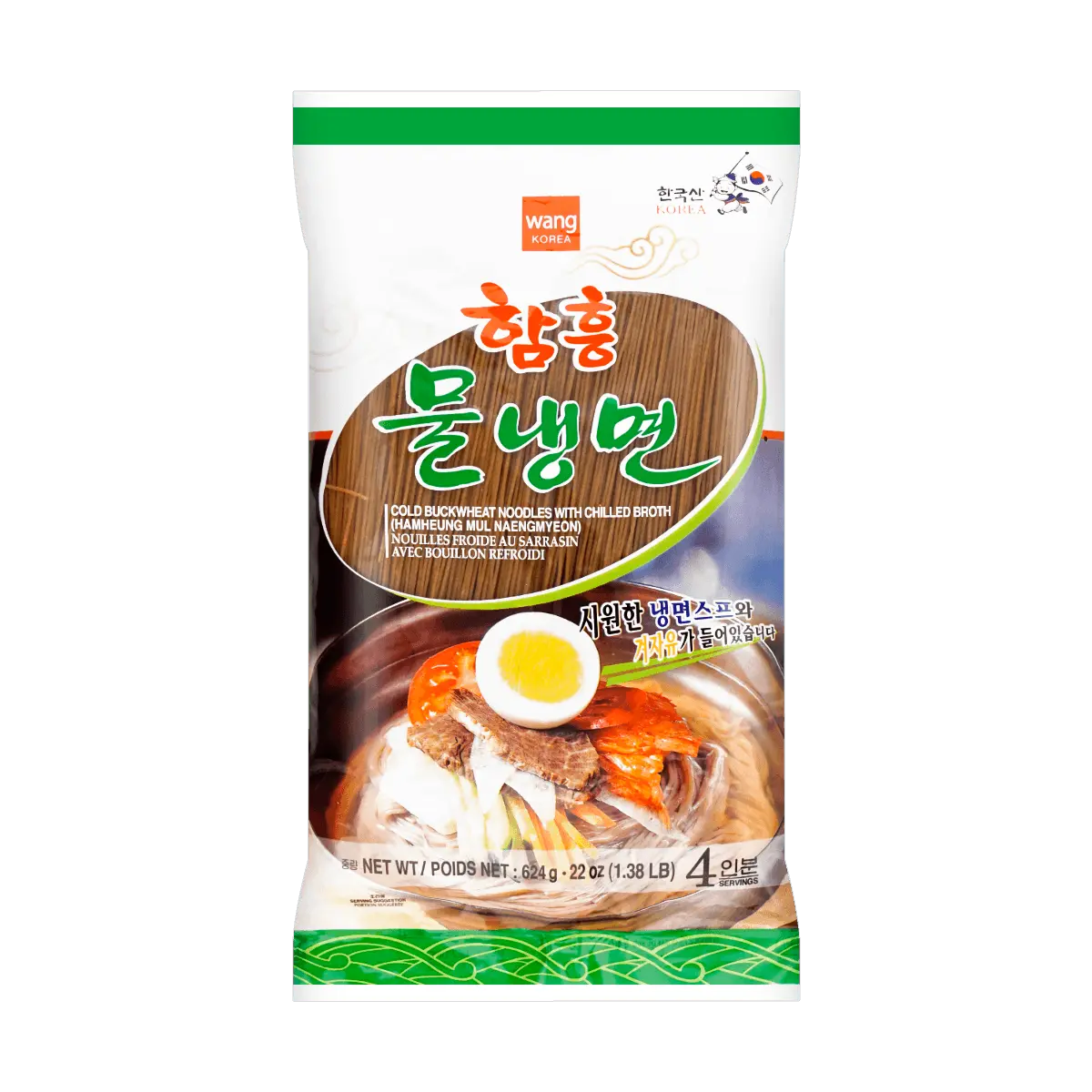 WANG FOOD Korean Cold Noodles - Authentic Buckwheat Noodles (Naengmyeon) - Original Flavor - 4 Servings (624g) - Includes Seasoning Pack