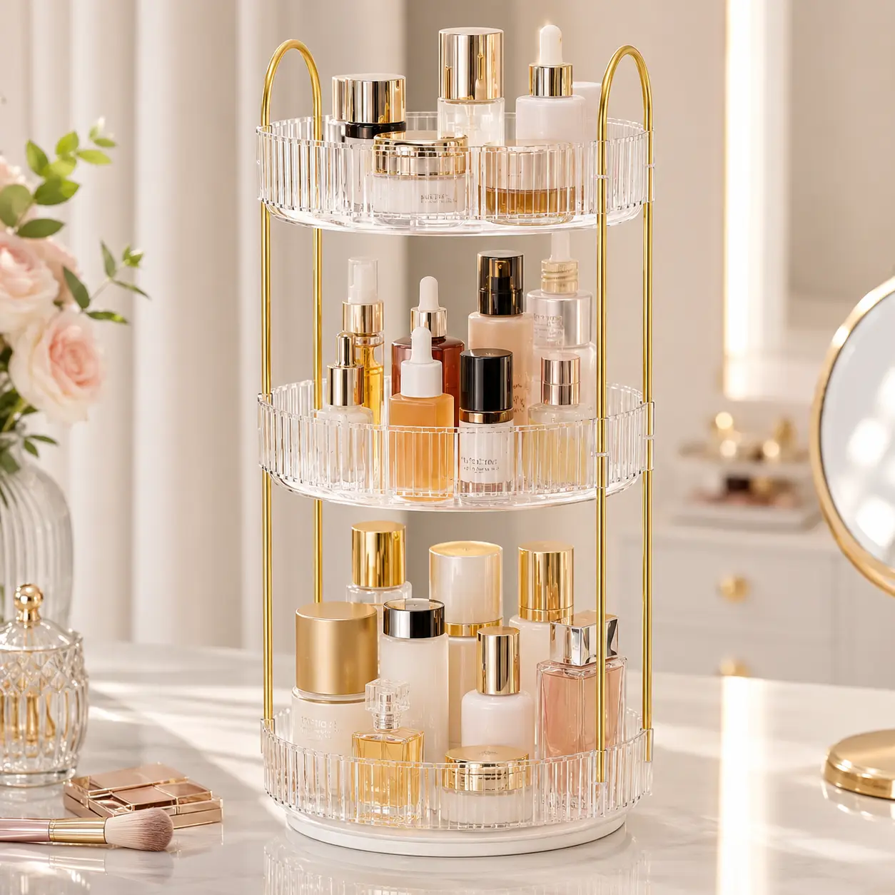 [TikTok Shop Hot] 360 Rotating Makeup Organizer, 3 Tier Large Capacity Skincare Perfume Storage, Lazy Susan Bathroom Vanity Countertop Display, Ideal Birthday Gift for Women Girls, Clear