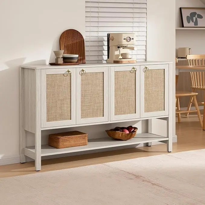 Large Storage Cabinet with 4-Doors and Adjustable Shelves, Boho Credenza Coffee Bar Cabinet Buffet Table Console Table for Kitchen Hallway, Durable,dorm essentials,home decor