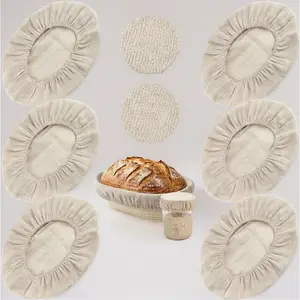 8 piece bread proofing basket liner set. 6 oval reusable banneton covers plus 2 sourdough starter jar covers. 10 inch dough bowl liner for sourdough baking.