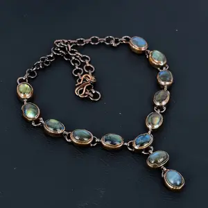 Labradorite Necklace, Natural Labradorite Jewelry, Electroformed Copper Necklace, Real Stone Jewelry, Adjustable Chain Necklace Wedding Gift