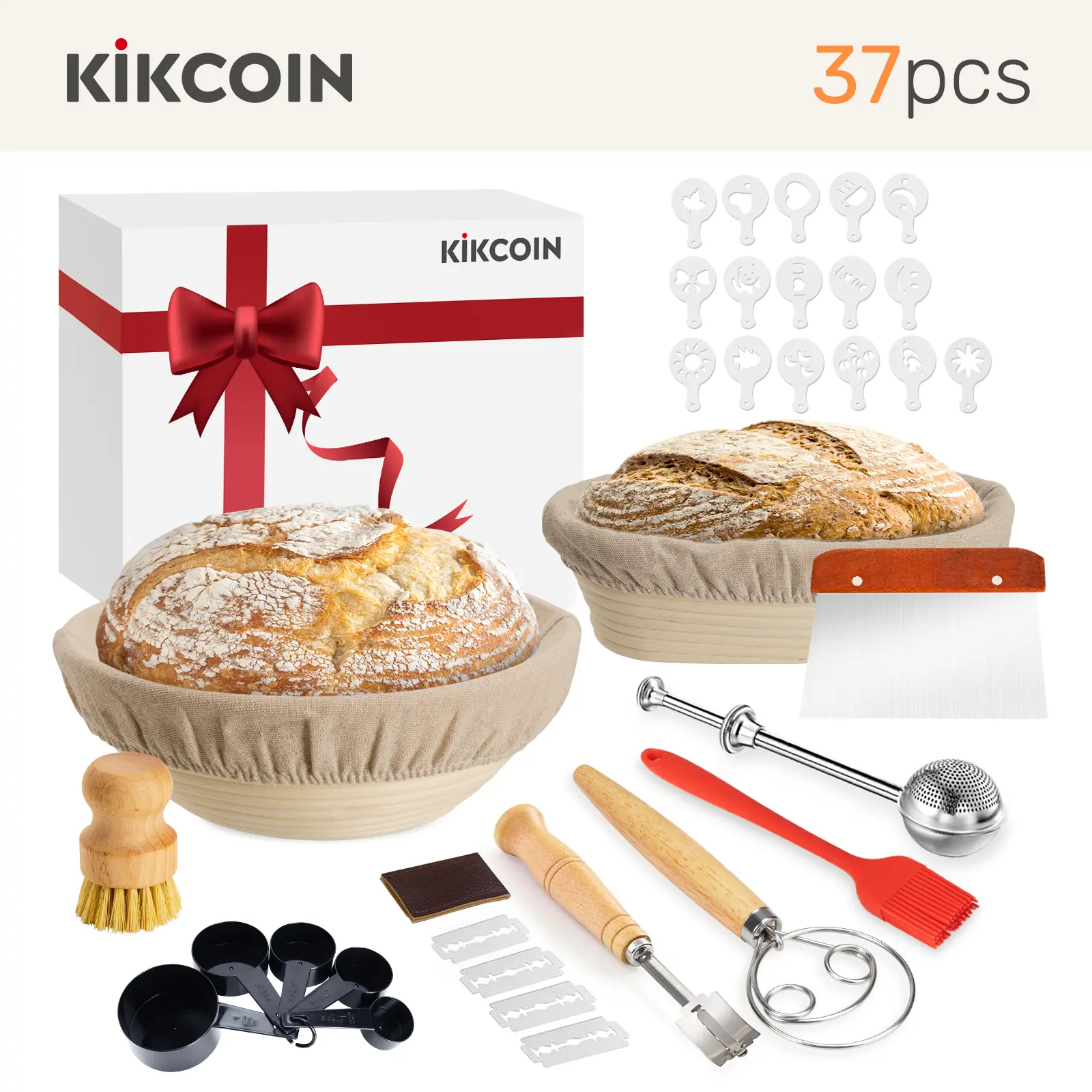 [Hot Picks]Complete Sourdough Starter Kit,Food Storage Container Jar,Bread  Banneton,Proofing Basket,Spatula,Sourdough Starter Kit Kikcoin 37PCS Banneton Proofing Basket set,Natural Rattan,Flour Duster,Bread,Dough Scraper,Baking Utensils，gift tiktokshopsp