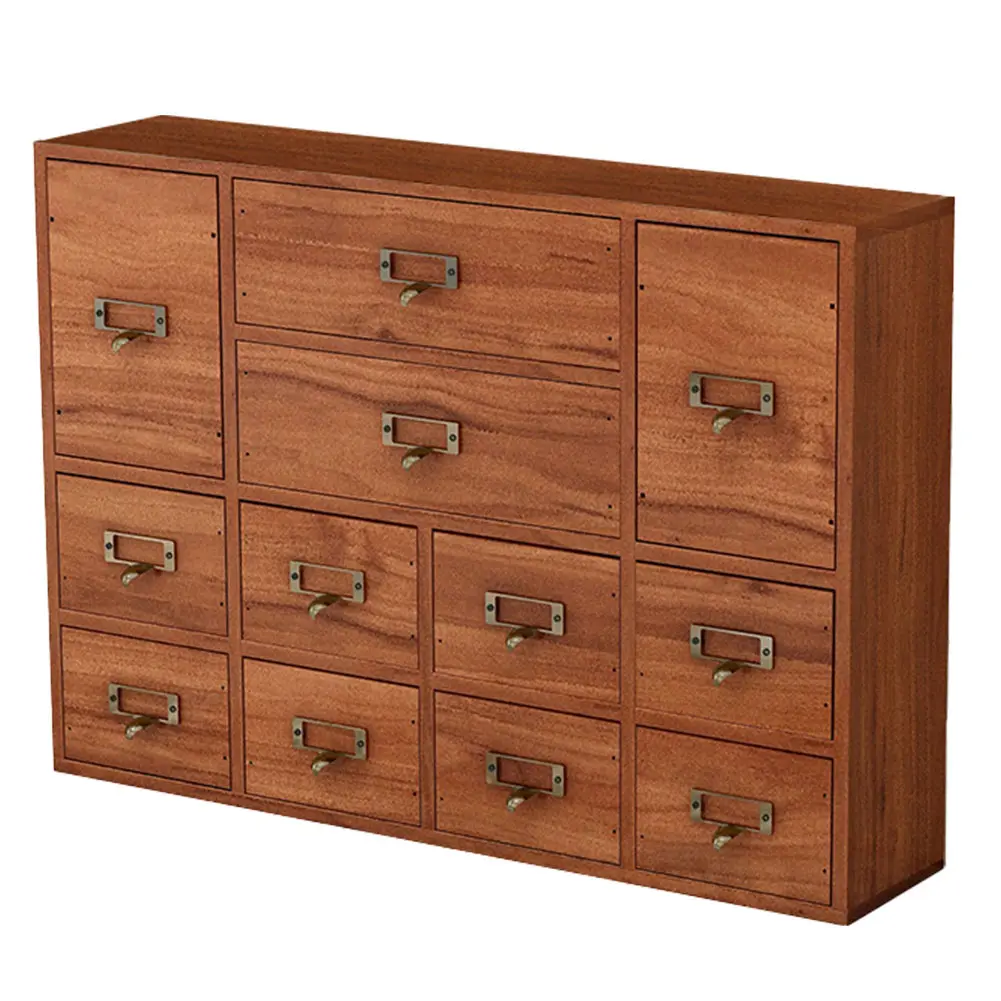 12 Drawer Wooden Apothecary Cabinet with Label Slot & Metal Handle Small Stationery Storage Rack Library Card Catalog Cabinet for Bedroom Organization Storage