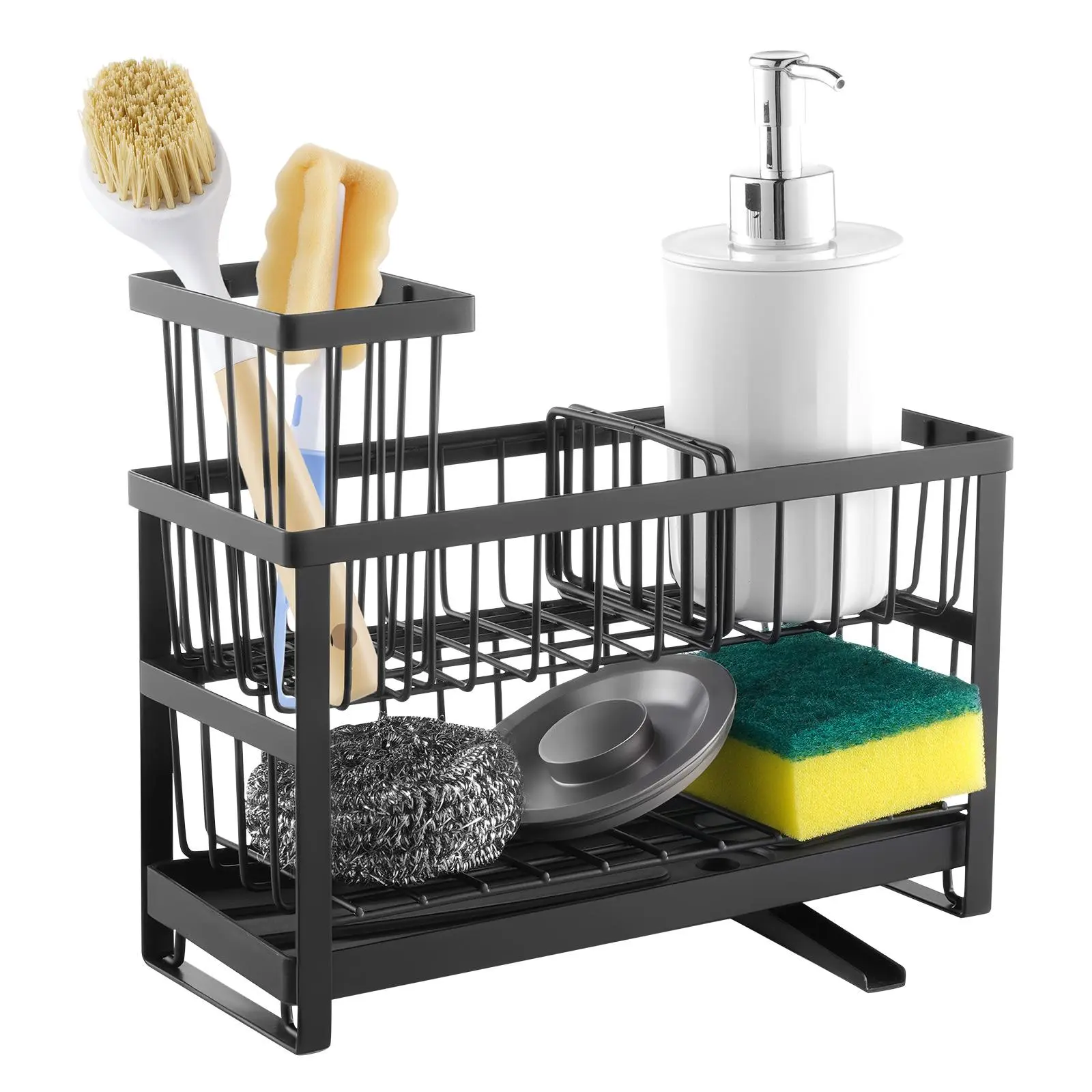 VEVOR Steel Kitchen Sink Caddy Organizer, 2-Tier Countertop Organizer & Storage Holders & Racks for Kitchen Accessories, with High Brush Slot, Divider, Rotatable Drainage Spout, Draining Boards, Countertop Organizers