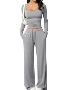 2026 Women's New Style Two-Piece Square Neck Long Sleeve Short Top Set, Drawstring Adjustable Pocket Pants Homewear, Fall Winter Casual Outfit