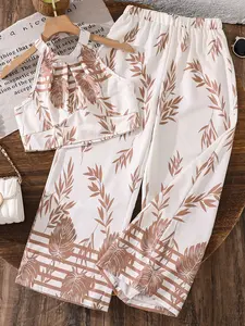 Girls' 2-Piece Set, Halter Neck Sleeveless Short Top with Elastic Waist Pants, Fashionable Stylish, Fashion Style Sets
