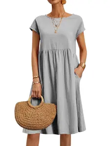 Women's Summer Cotton Linen Gauze Breathable Dress, Loose Fit Casual Beachwear, Flowy Midi Dress with Pockets, Perfect for Vacations