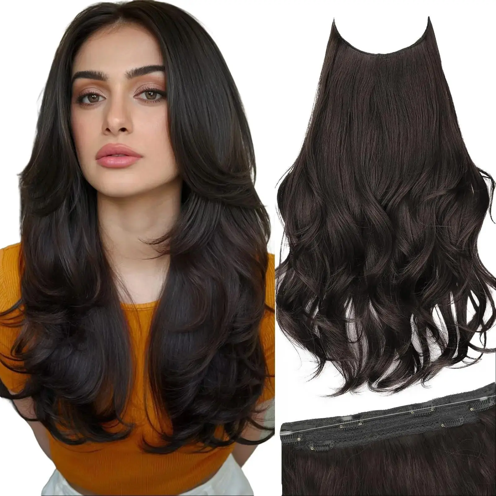 AISI HAIR 20 Inch Invisible Wire Hair Extensions with Transparent Wire Adjustable Size 6 Secure Clips Long Wavy Layered Natural Looking Thinner Double Weft Hairstyle Synthetic Hairextensions Wavy Hairpieces, Extensions Hair