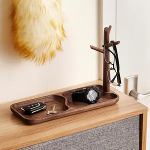 Solid Wood Key Holder with Tray, Black Walnut Key Tray & 3-Tier Jewelry Stand - Entryway Key Bowl Organizer for Keys, Wallet, Phone, Watch, Rings, Bracelets | Wooden Key Holder (11.8"x4.7"x8.3")