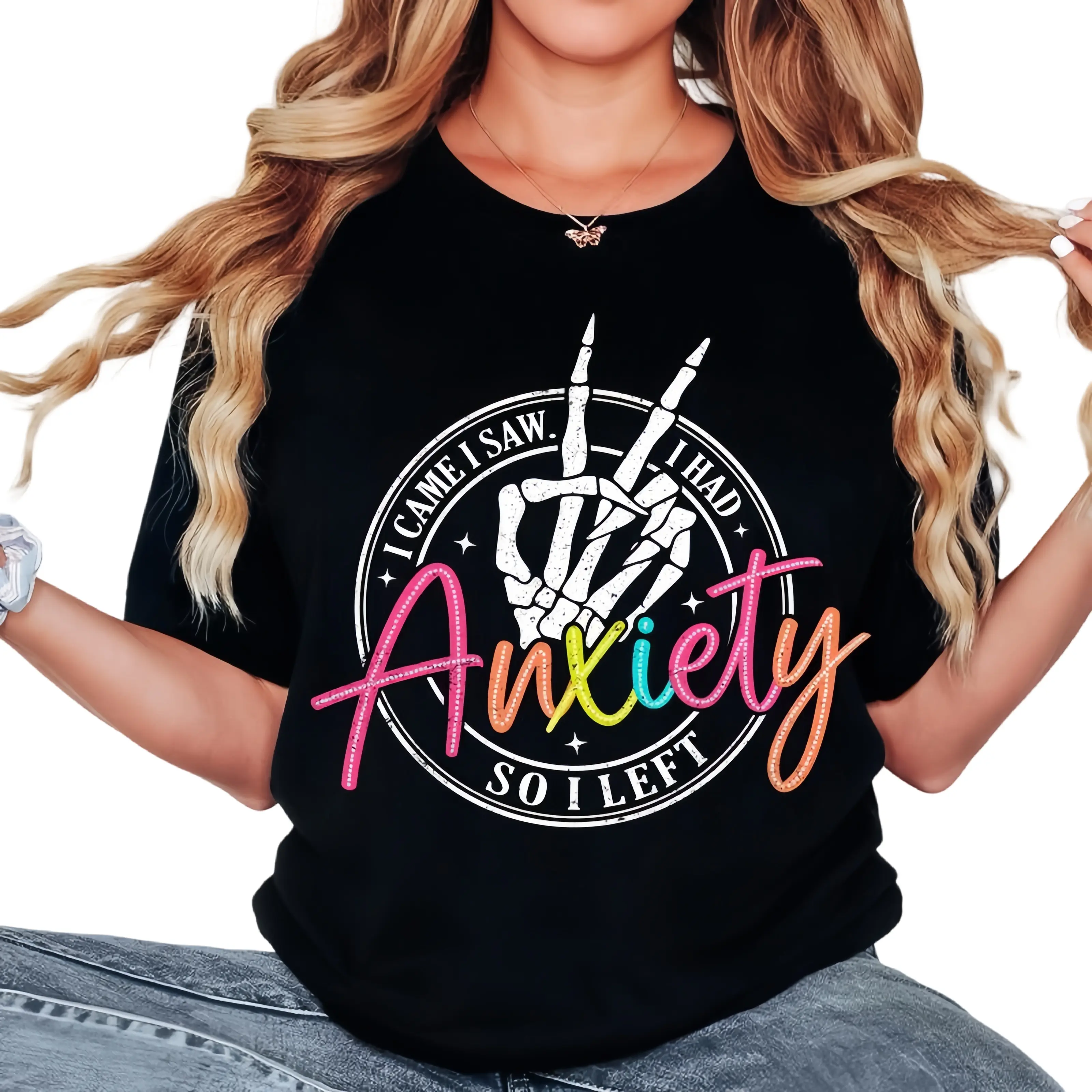 Women's Graphic T-Shirt with 'I Came I Saw I Had Anxiety' Skeleton Print, Casual Soft Cotton Short Sleeve Round Neck Top, Shortsleeve, Everyday, T Shirts, Thanksgiving, Bold Graphic, Valentines Day, Classic Crew, Fitted Cut, Lightweight