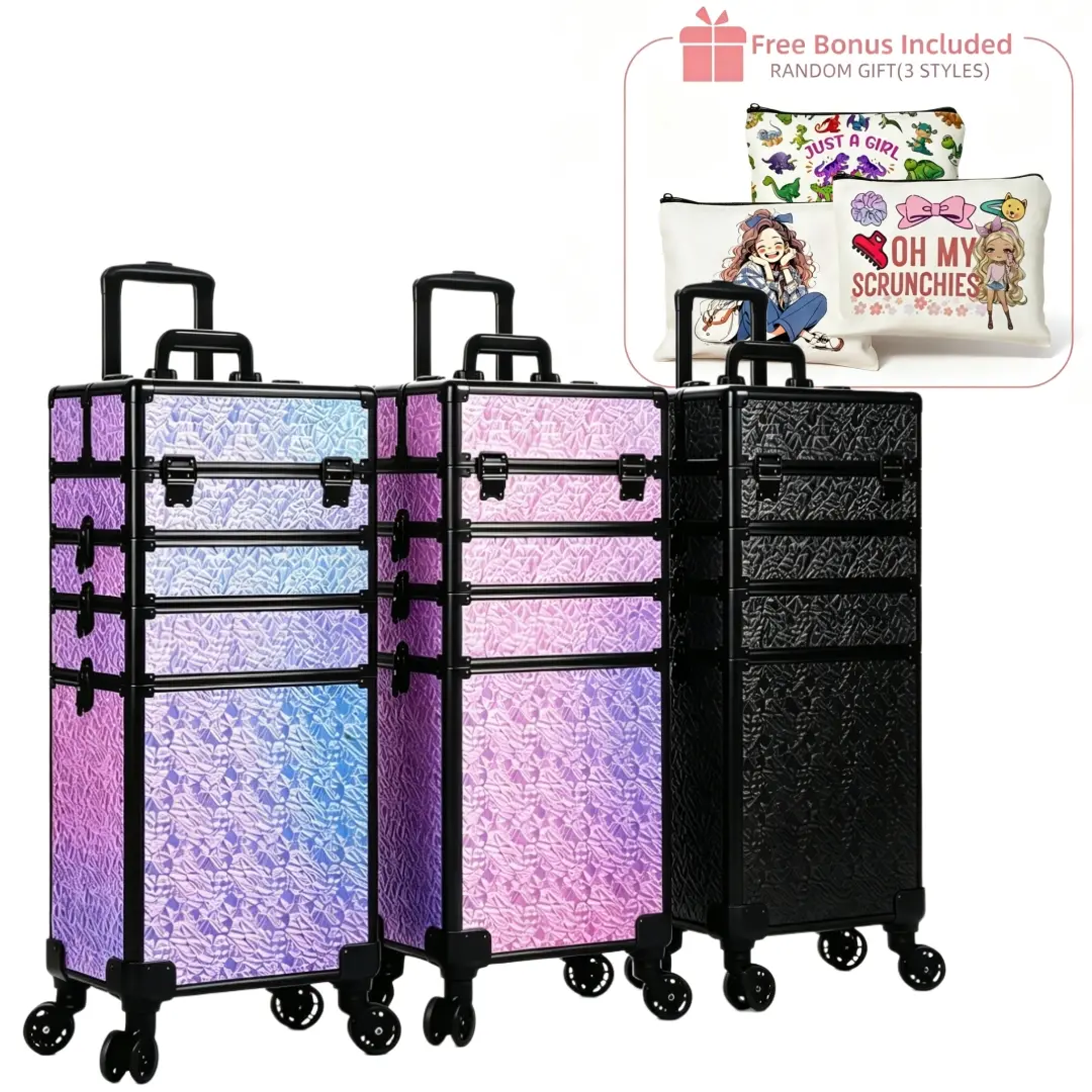 KEEYOTEK Modern Rectangular Iridescent Mermaid Texture Rolling Cosmetic Storage Box, Aluminum Frame Trolley Equipped with 360° Silent Wheels, Wear-Resistant Sturdy Large Storage Box for Makeup Artists & Travel, Free Random Makeup Storage Bag As Gift