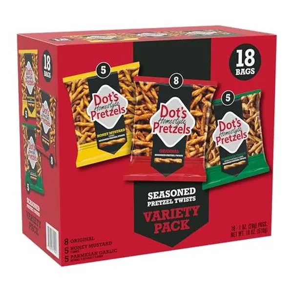 Dot's Homestyle Pretzels Variety Pack, Original, Honey Mustard, and Parmesan Garlic Twist Snack, 1oz Individually Sized Bags (18 Count)
