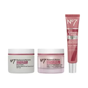 No7 Restore & Renew Face & Neck Multi Action Skincare System - SPF 30 Day Cream with Vitamin C & Collagen Peptides + anti-Aging Facial Serum + Hyaluronic Acid Hydrating Night Cream (3 Piece Kit)