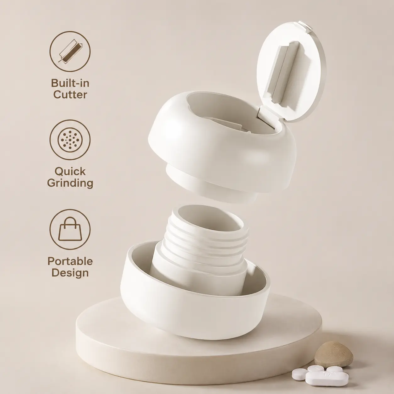 Plastic Travel Size Compact Round Pill Cutter + Grinder with Flip Lid Grip, 1-Count Integrated Tablet Cutting and Grinding Tool for Daily Home Use