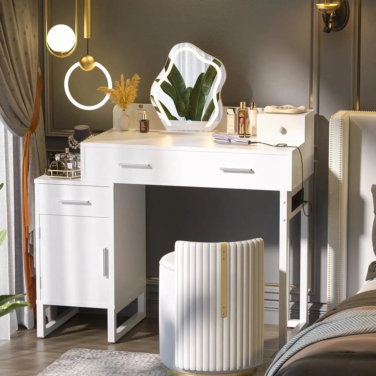 Vanity Desk White Wood   Makeup  Desk No Mirror Vanity Table with Power Outlet 4 Storage Drawers for Bedroom