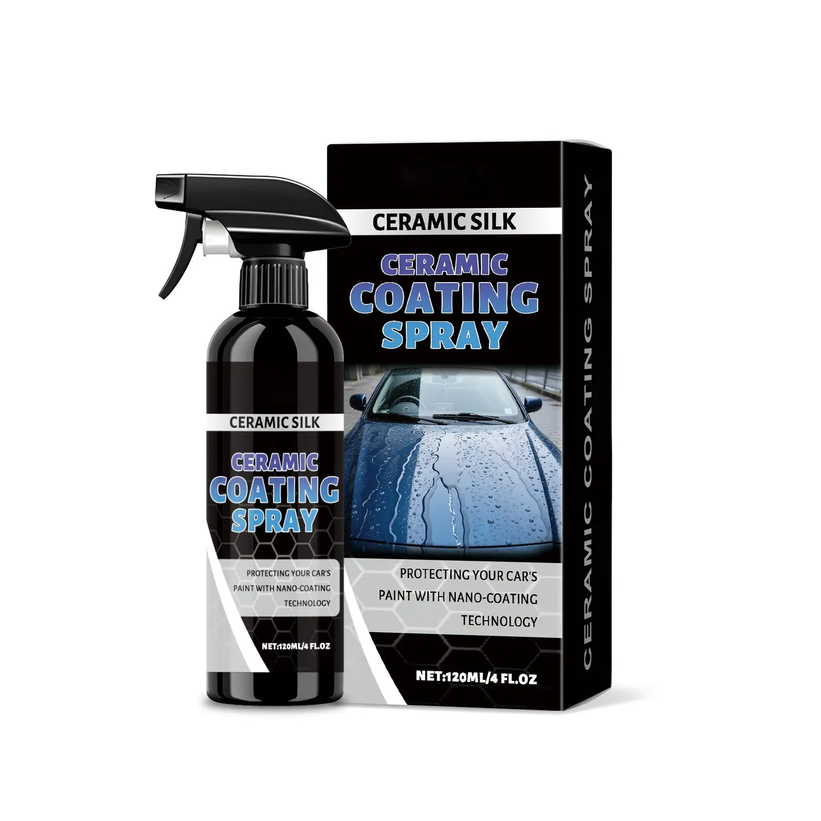120ml Ceramic Coating for Cars, Hydrophobic Car Paint Coating Spray, High Shine Ceramic Wax & Water Repellent Sealant for Paint, Glass, Windshield, Windows, Trim, Wheels & Headlights