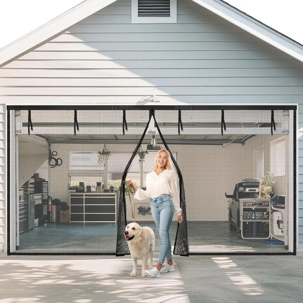 Garage Door Screen, 16x7 Ft Magnetic Closure Heavy Duty Weighted Bottom Garage Screen Doors For 2 Car Garage, Fiberglass Mesh Anti Annoying Animal Out