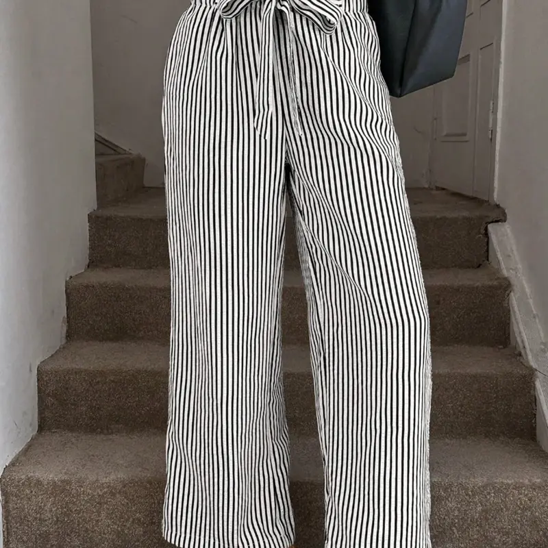 Summer Women's Striped Casual Elastic Waist Pants, Casual Lounge Pants, Womenswear Bottoms, Wide Leg Loose Fit Trousers, Bohemian Flowing Long Pants for Vacation and Daily Commute, Elastic Waisted Pants