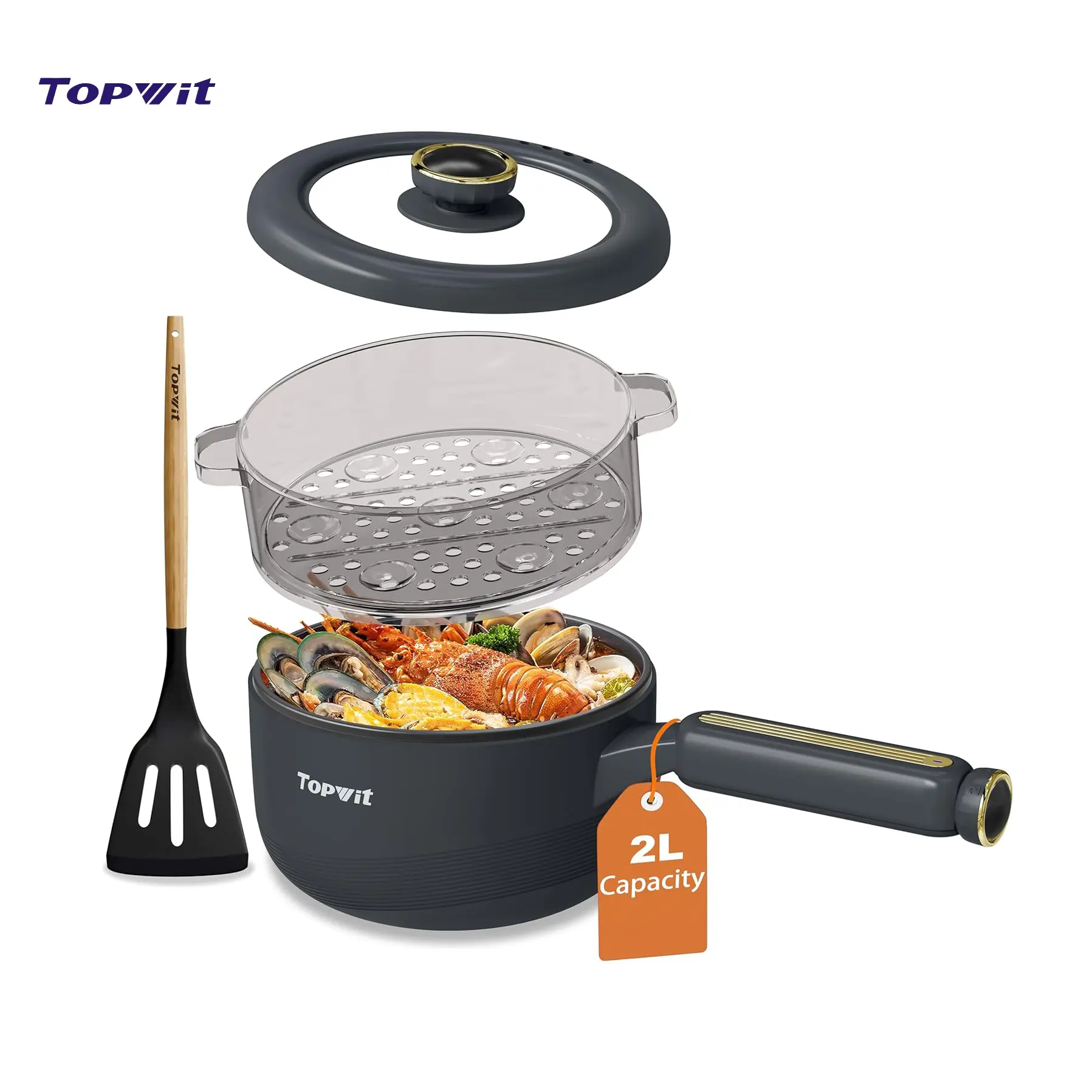 Topwit Hot Pot Electric with Steamer, 2L Non-Stick Electric Pot, Multifunction Cooker for Ramen, Soup & Oatmeal, Portable Hot Pot with Power Control for Dorm, Office, Travel (Silicone Spatula Included)