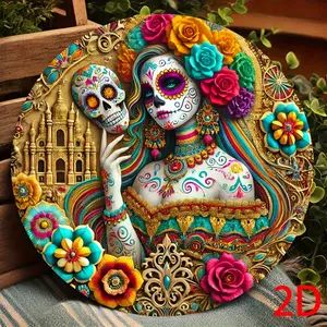 Vintage Wooden Sign Decorative Plaque with Catrina and Skull, Day of the Dead Decor, Novelty Decor, Bar Cafe Halloween Party Bedroom Art Studio Decoration