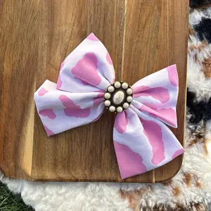 Short Pink Cowprint Western Hair Bows with Western Charm Featuring Heart Buckle for Stylish Outfits
