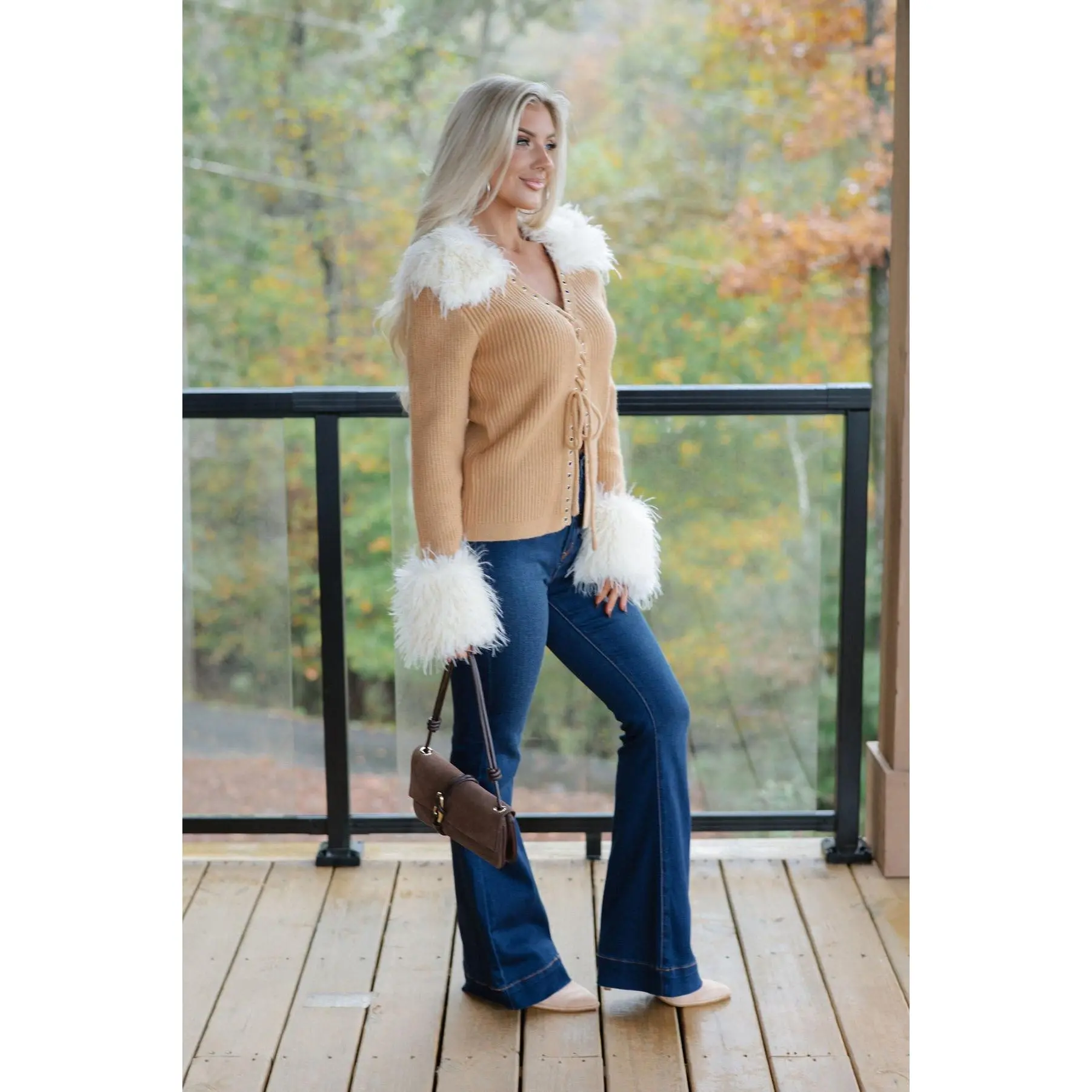 FALL 2026 RESHOOT//Faux Fur Trim Lace Up Cardigan-Camel - TikTok Shop