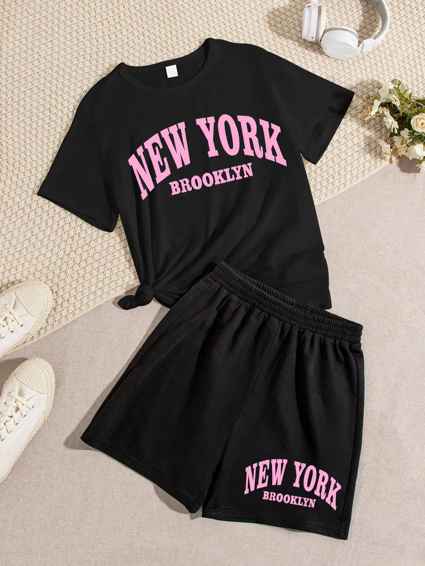 Teen Girl's Letter Print Co-ord Set, Casual Short Sleeve Tee & Drawstring Waist Shorts Set, Summer Clothes for Kids Outdoor Holiday